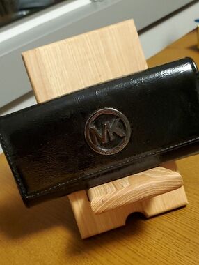 Michael Kors Black Patent Leather Clutch Wallet with Silver MK Emblem